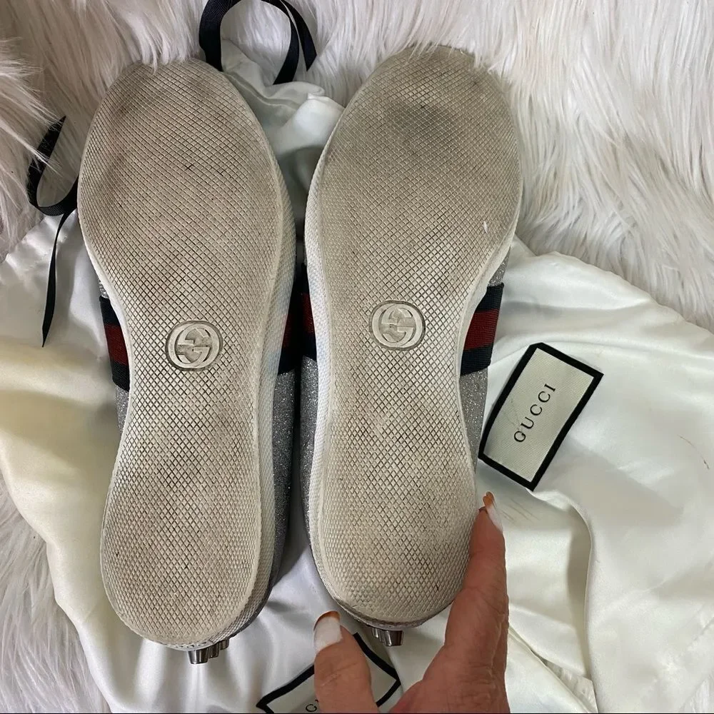 GUCCI Silver Metallic Glitter Web Leather Sneakers With Studs #414684 Size 9
